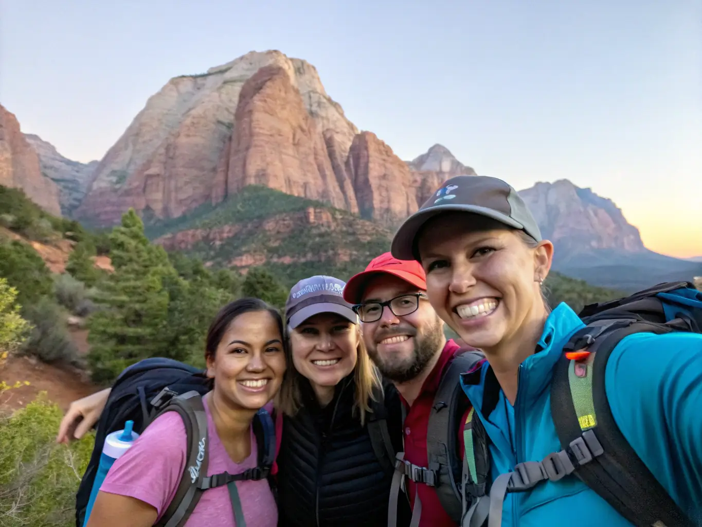 A vibrant photo of a group of young people laughing and enjoying themselves during a trekking event in Valle d'Aosta. The image should capture the community spirit and fun atmosphere of Outdoor North.