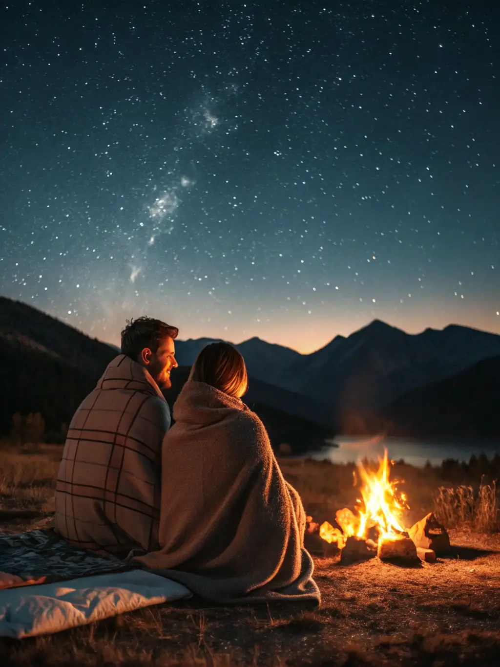 A group of young adults laughing and sharing stories around a campfire in the mountains at night, symbolizing the strong community bonds formed through Outdoor North events.