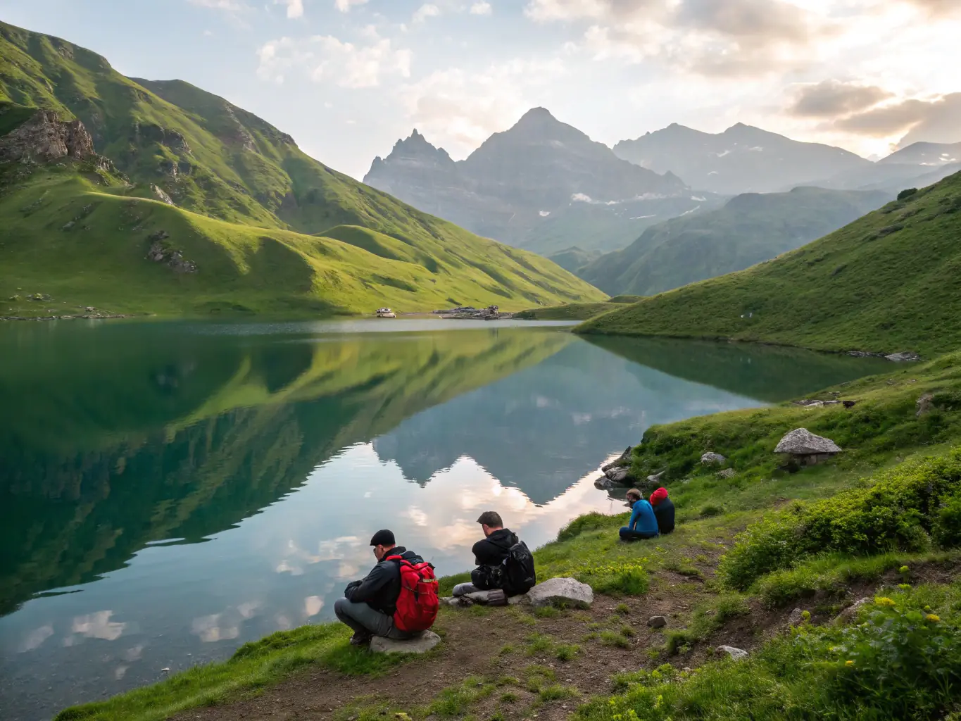 A serene image of a group of trekkers walking along a lakeside trail in Lombardy, with clear blue water and lush greenery in the background. The photo should evoke a sense of peace and natural beauty.