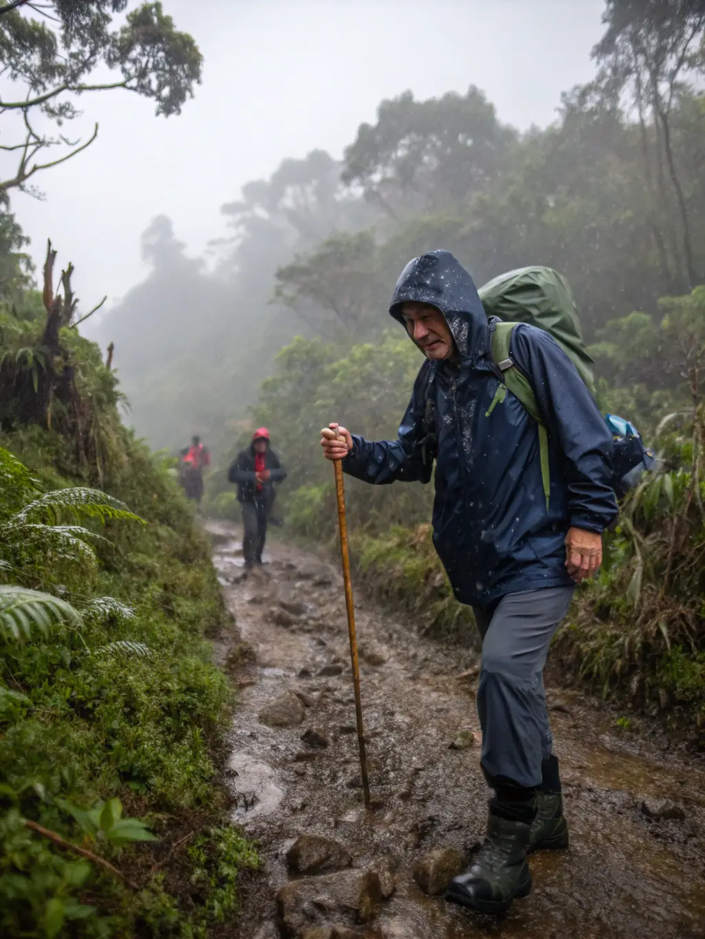 A picture of a professional trekking guide assisting a participant during a challenging section of a trek, emphasizing the safety and expertise provided by Outdoor North.