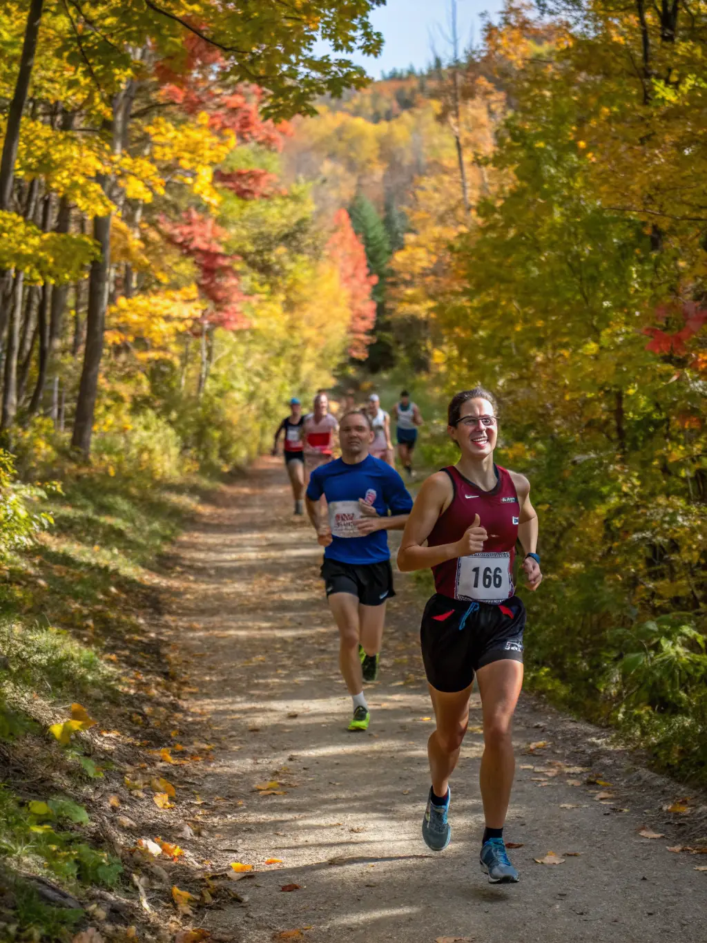 A vibrant image of a group of young people participating in a trail running event through a forest in Lombardy, with numbered bibs and athletic attire, showcasing energy and enthusiasm.