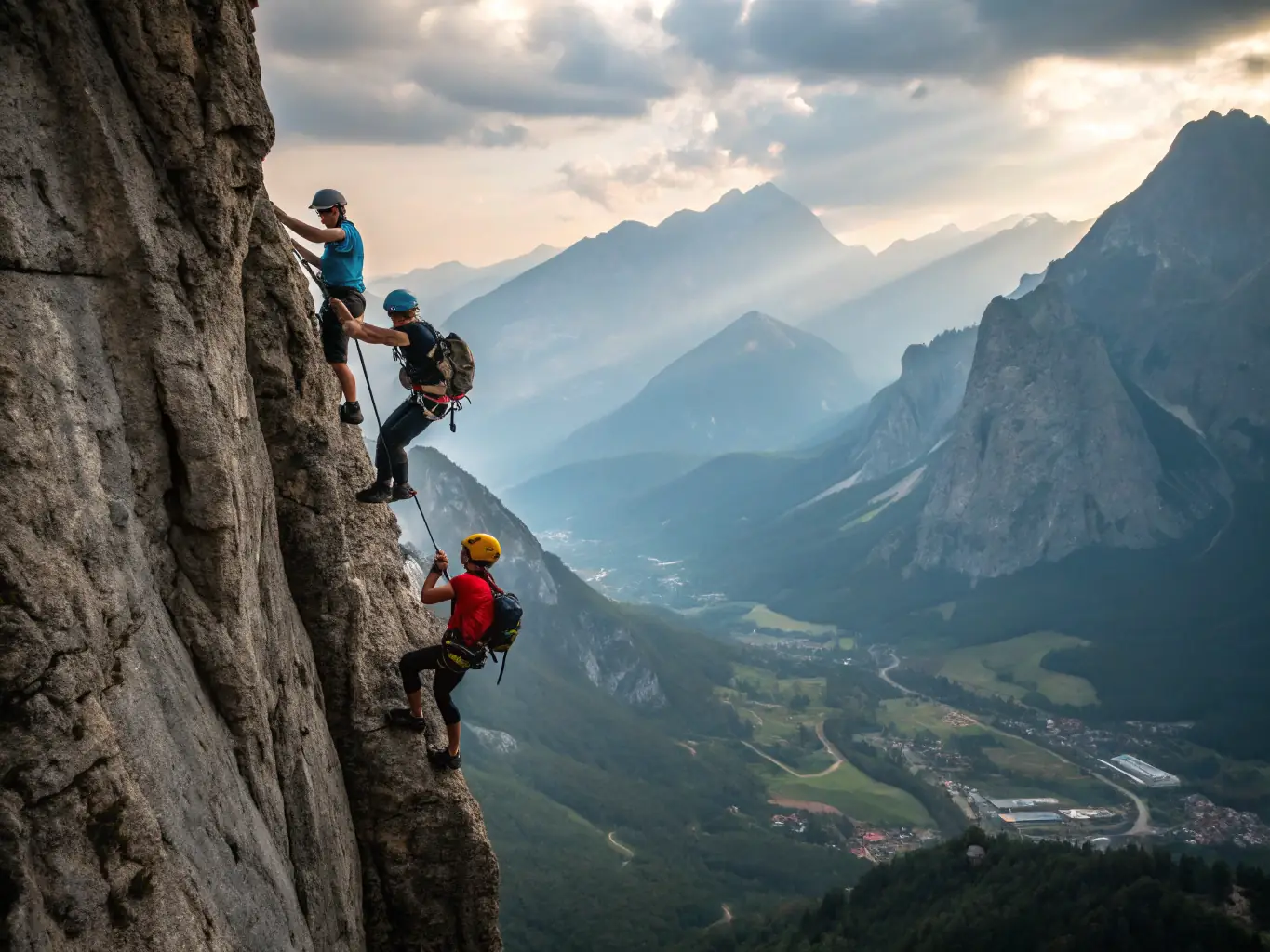 A group of people rock climbing on a sunny day in Lombardy, Italy, with a clear view of the surrounding mountains and a sparkling lake below.