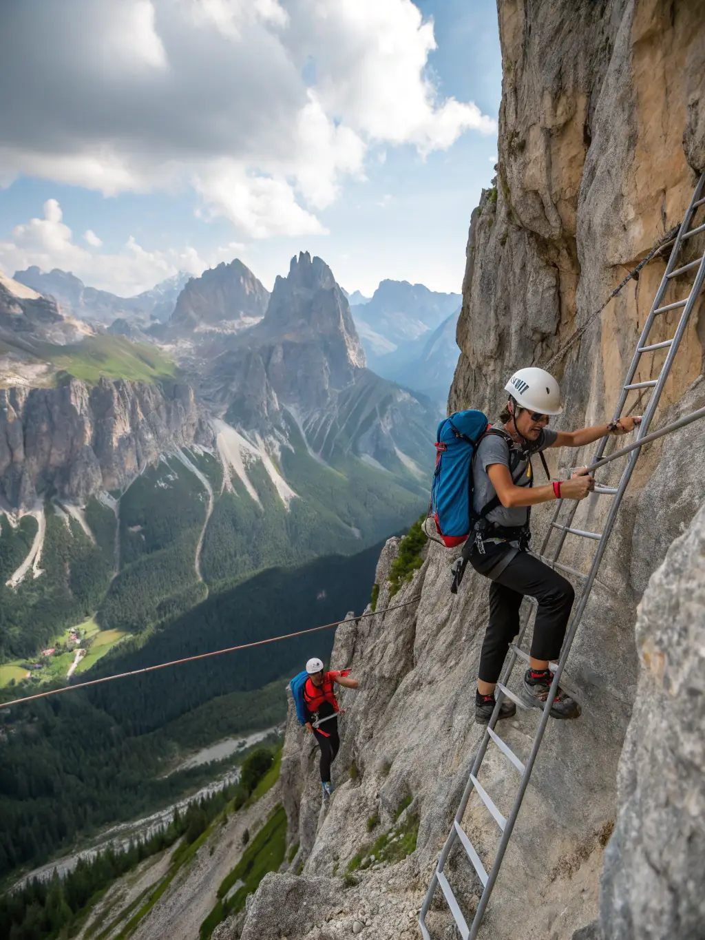A group of young adults participating in a rock climbing session outdoors, with safety gear and instructors present, set against a backdrop of rocky cliffs and clear blue skies in Valle d'Aosta.
