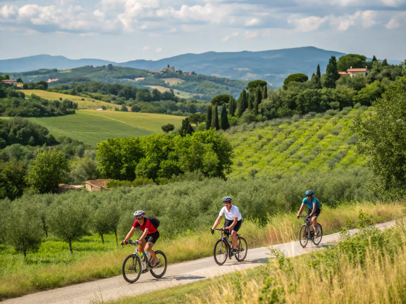 A group of young people participating in a mountain biking event in Piedmont, Italy, with lush green hills and vineyards in the background.