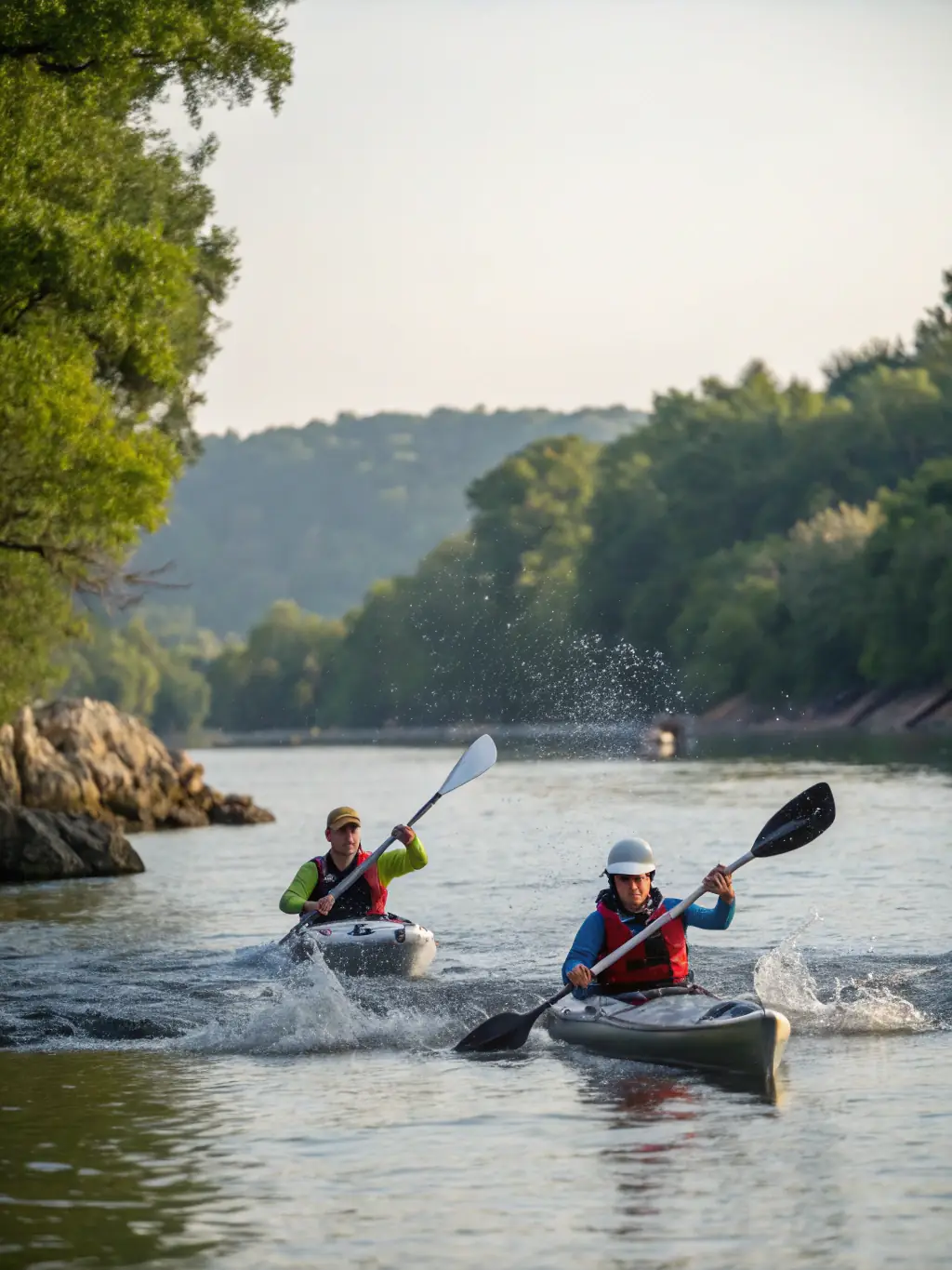 A group of participants kayaking on a calm lake surrounded by mountains and forests in Lombardy, with life jackets and paddles, enjoying a sunny day.